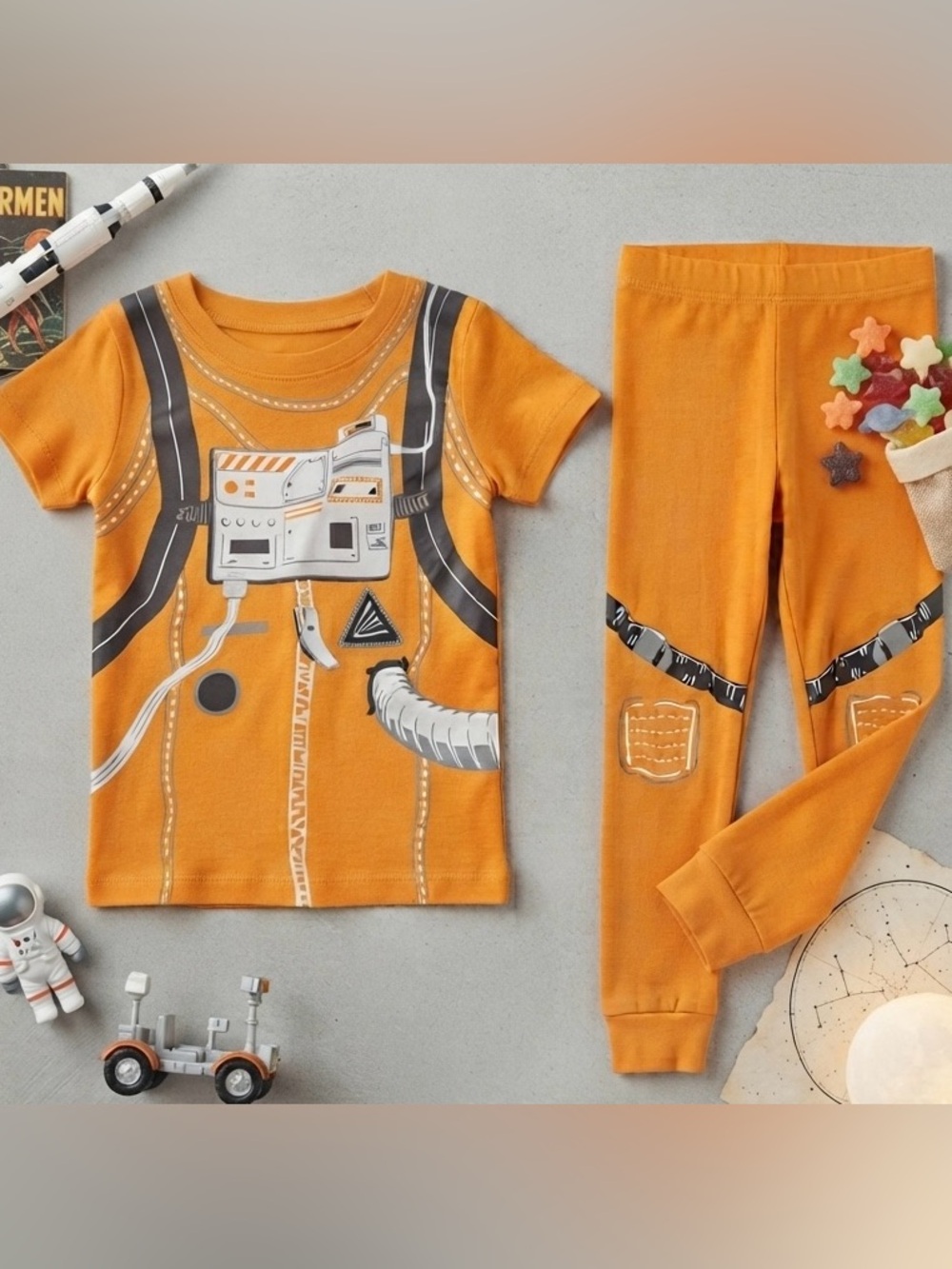 Old Navy 5T Astronaut Space Pajama Set Orange 2 Piece